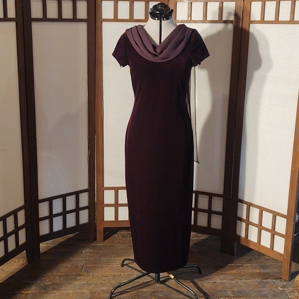 Connected Apparel Velvet Purple Dress with Chiffon Cowl Neck Sz 8